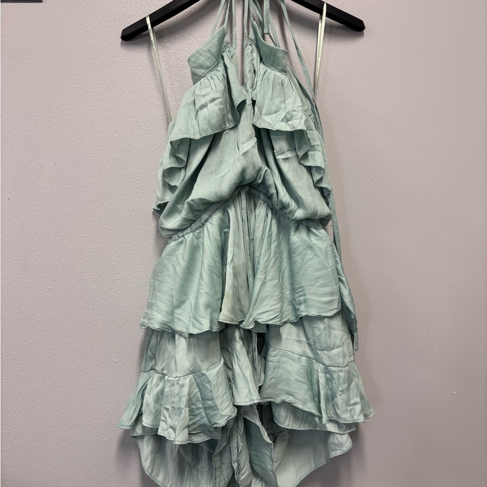 Mustard Seed Mint Green Seafoam Ruffled Romper Summer Open Back Sexy Sleeveless - Picture 3 of 8
